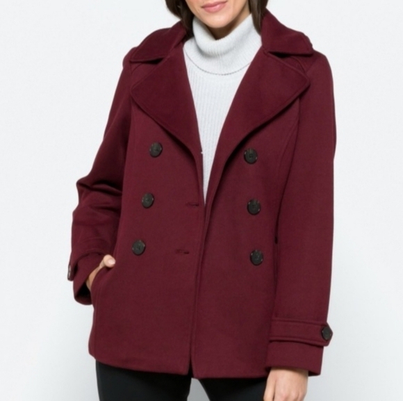Liverpool Jean Company Women's Burgundy Double-Breasted Jacket Hood Size Small - Picture 1 of 9